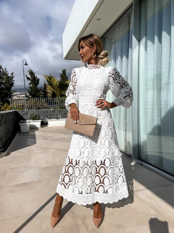 Scarlett | Pink Lace Midi Dress with High Neck and Puff Sleeves