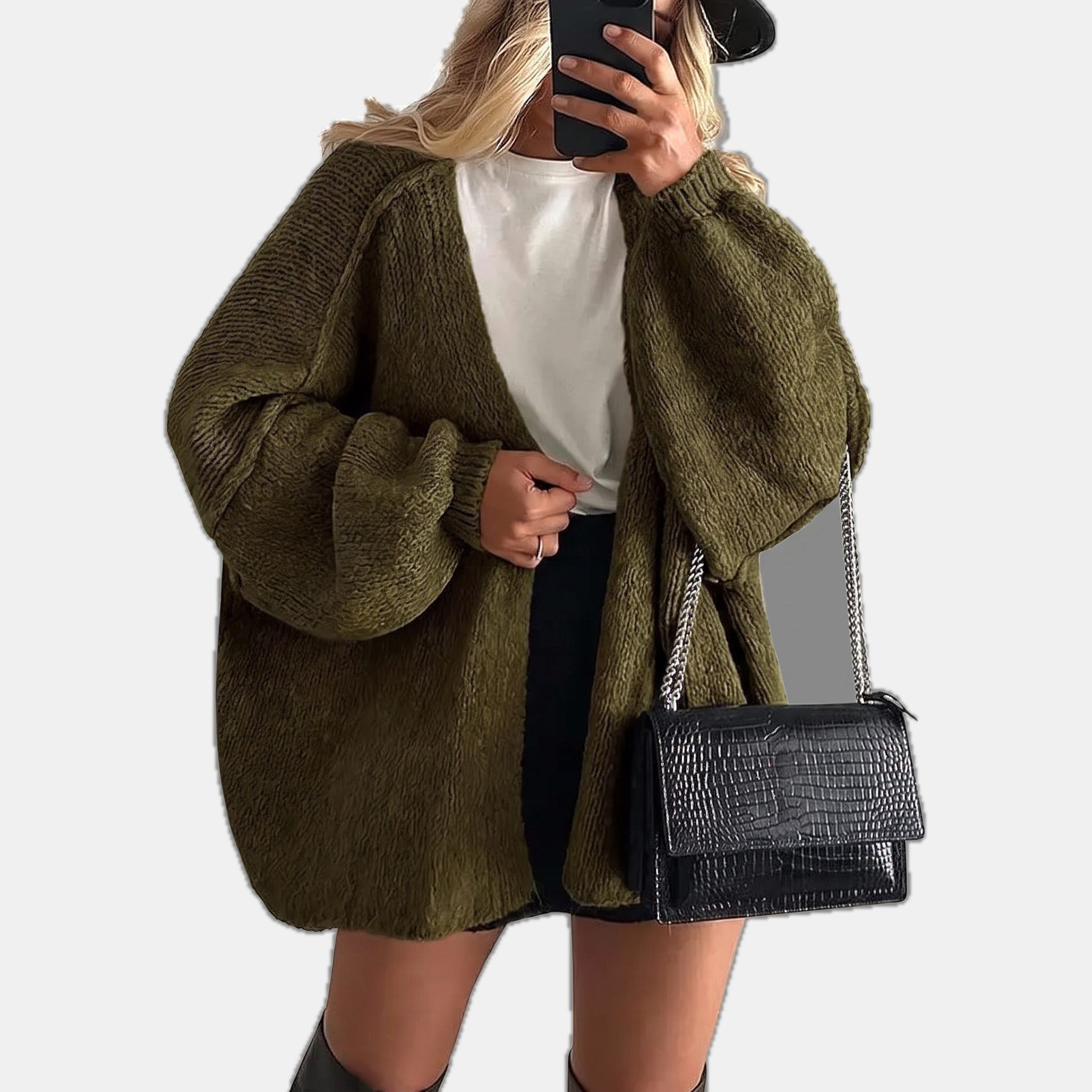 Women's Open Front Oversized Knit Cardigan with Lantern Sleeves