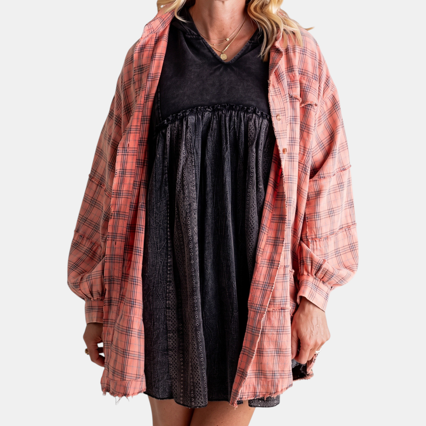 Women's Raw Hem Flannel Shirt Oversized Long Sleeve Blouse