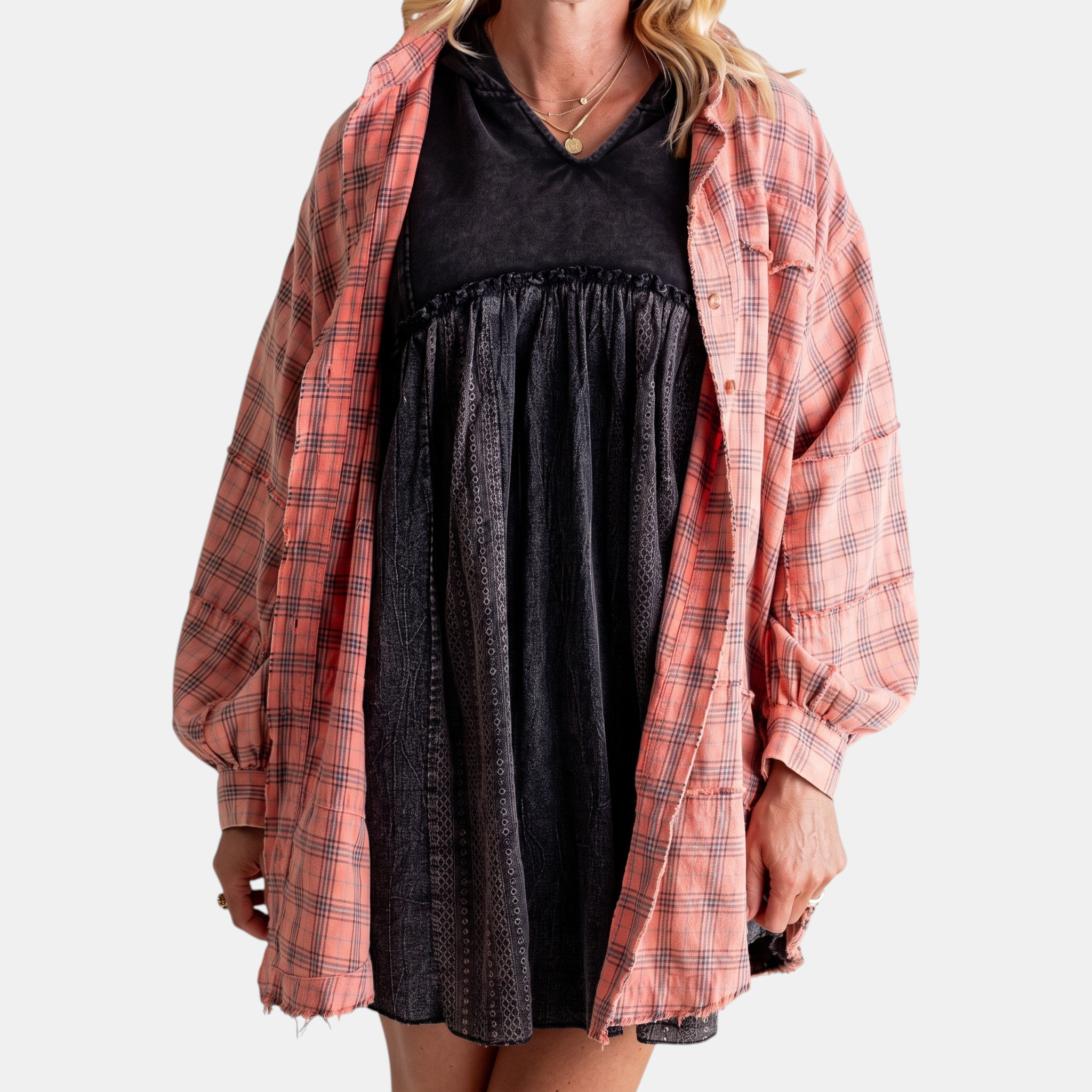 Women's Raw Hem Flannel Shirt Oversized Long Sleeve Blouse