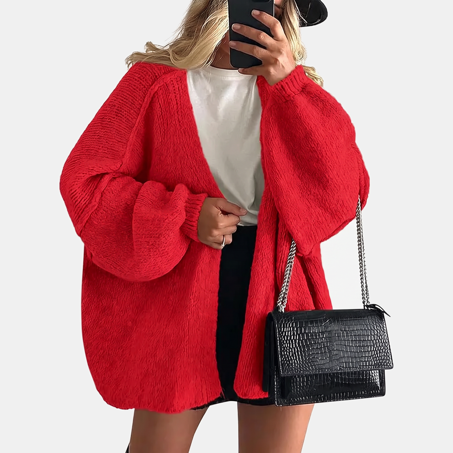 Women's Open Front Oversized Knit Cardigan with Lantern Sleeves
