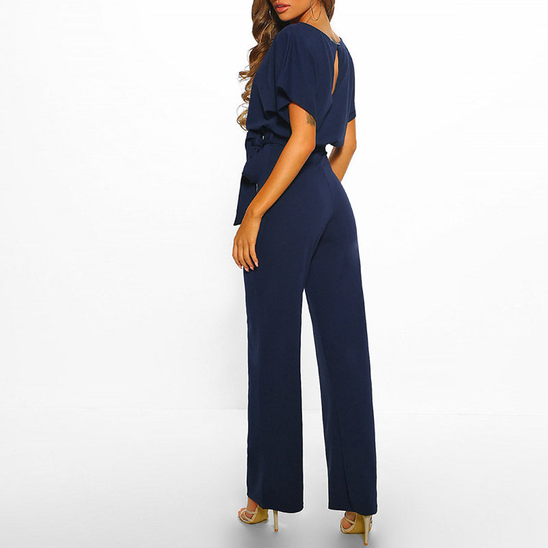 Wide Leg Jumpsuit for Women - Belted Short Sleeve