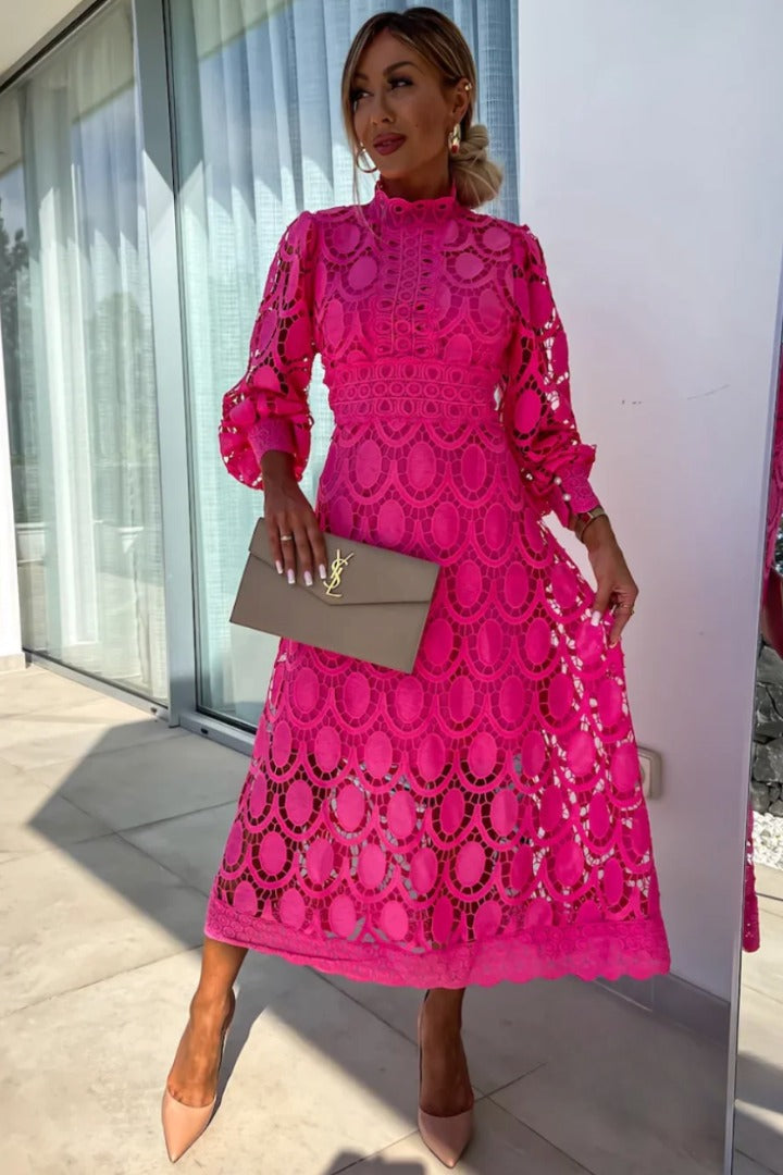 Scarlett | Pink Lace Midi Dress with High Neck and Puff Sleeves