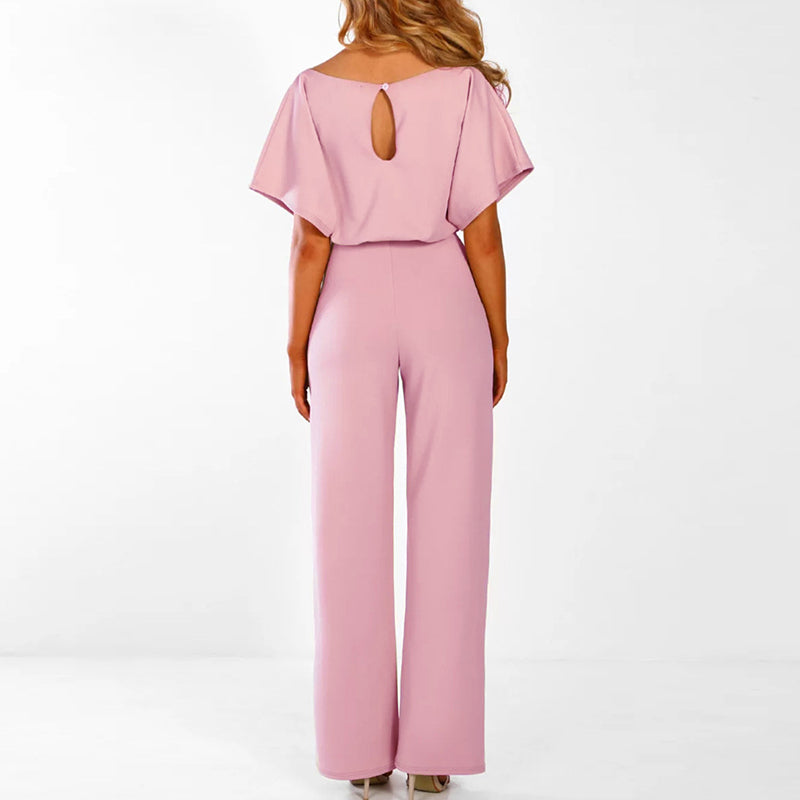 Wide Leg Jumpsuit for Women - Belted Short Sleeve