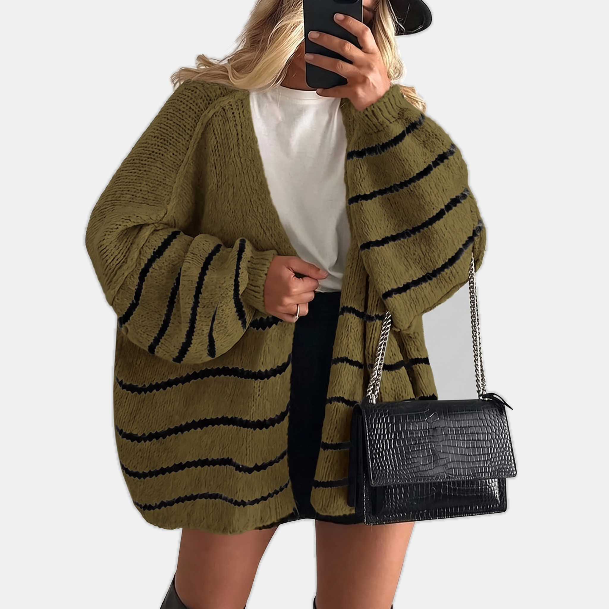 Women's Open Front Oversized Knit Cardigan with Lantern Sleeves