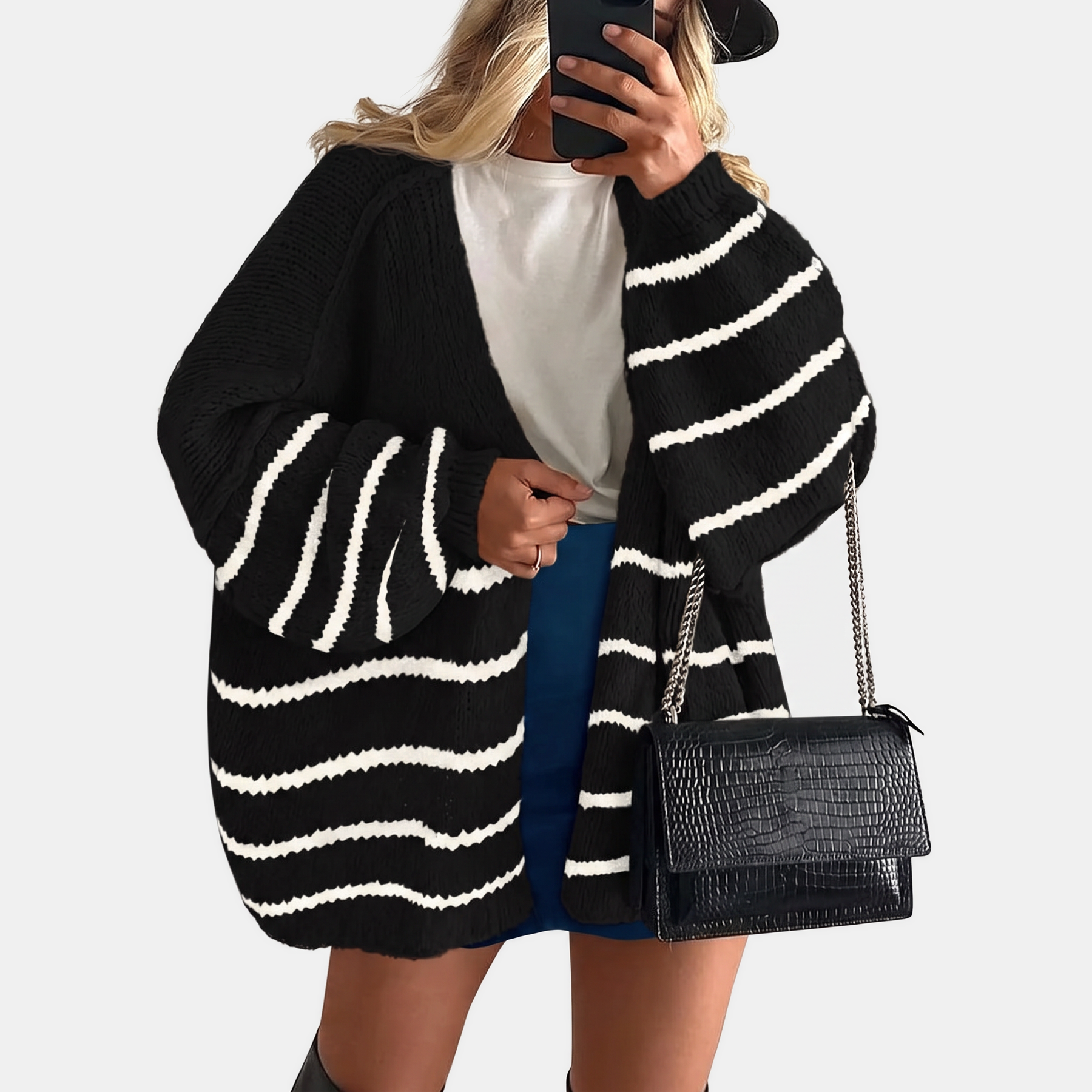Women's Open Front Oversized Knit Cardigan with Lantern Sleeves