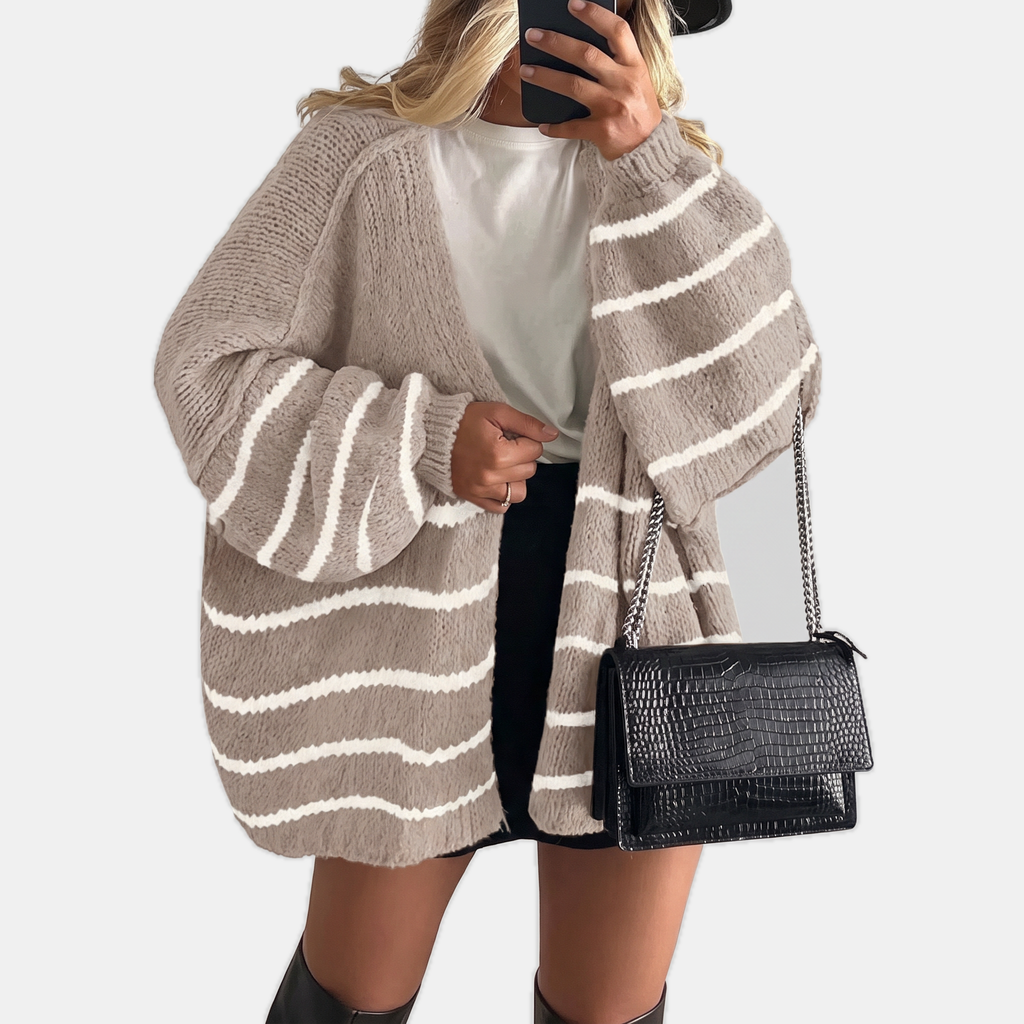 Women's Open Front Oversized Knit Cardigan with Lantern Sleeves