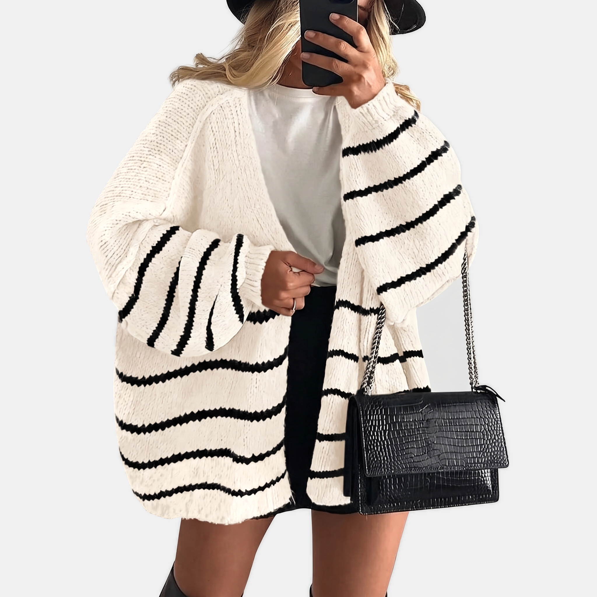 Women's Open Front Oversized Knit Cardigan with Lantern Sleeves