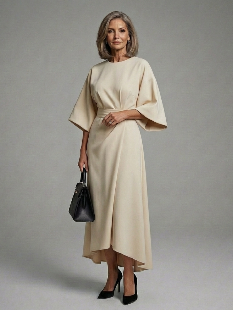 Sirenetta | Asymmetrical Midi Dress with Coat Sleeve and Defined Waist