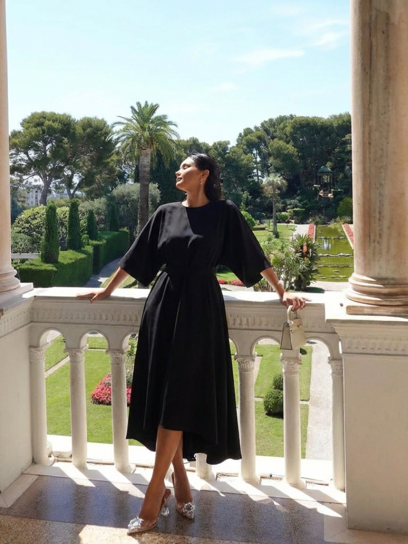 Sirenetta | Asymmetrical Midi Dress with Coat Sleeve and Defined Waist