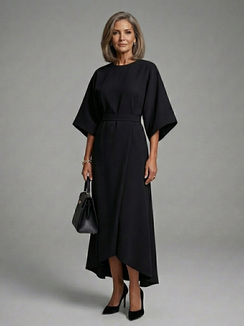 Sirenetta | Asymmetrical Midi Dress with Coat Sleeve and Defined Waist