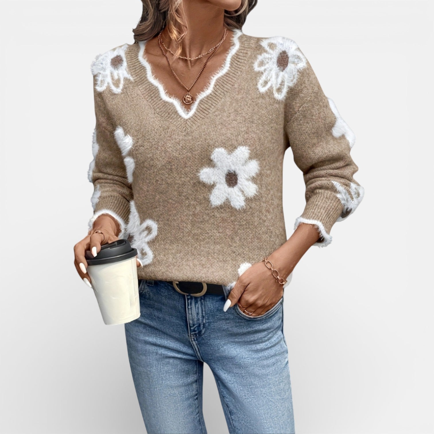 Thea| Elegant V-Neck Floral Jumper for Women