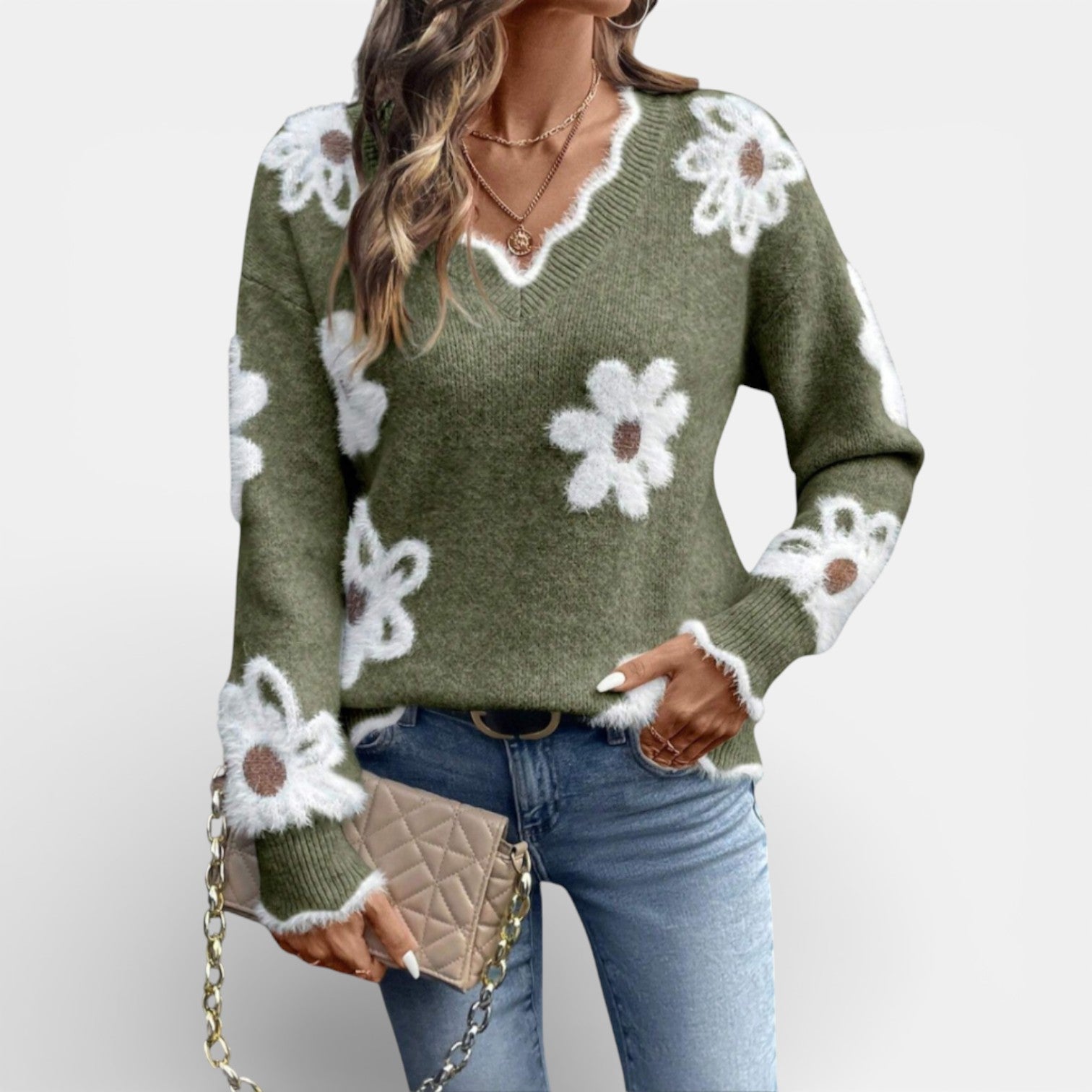 Thea| Elegant V-Neck Floral Jumper for Women