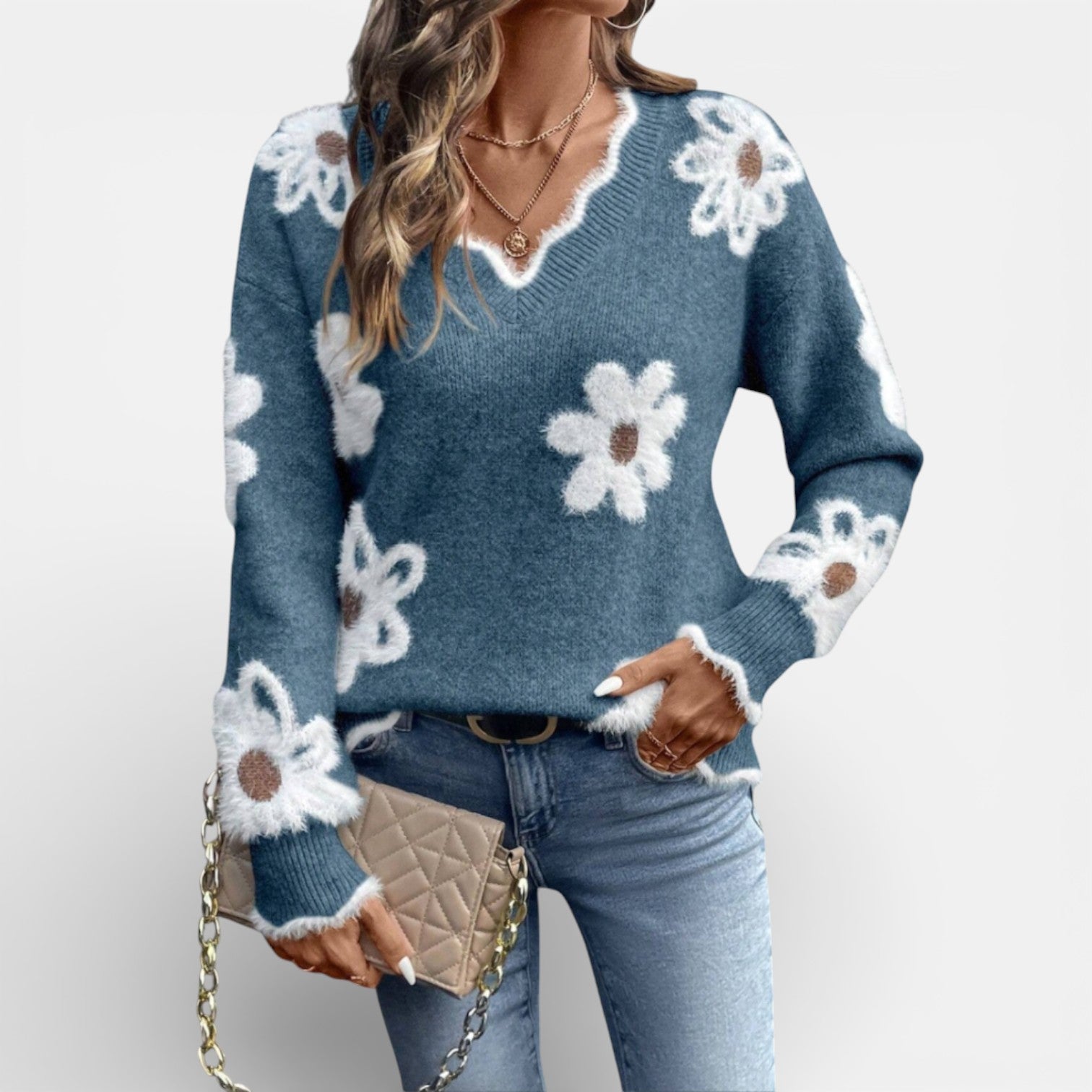 Thea| Elegant V-Neck Floral Jumper for Women