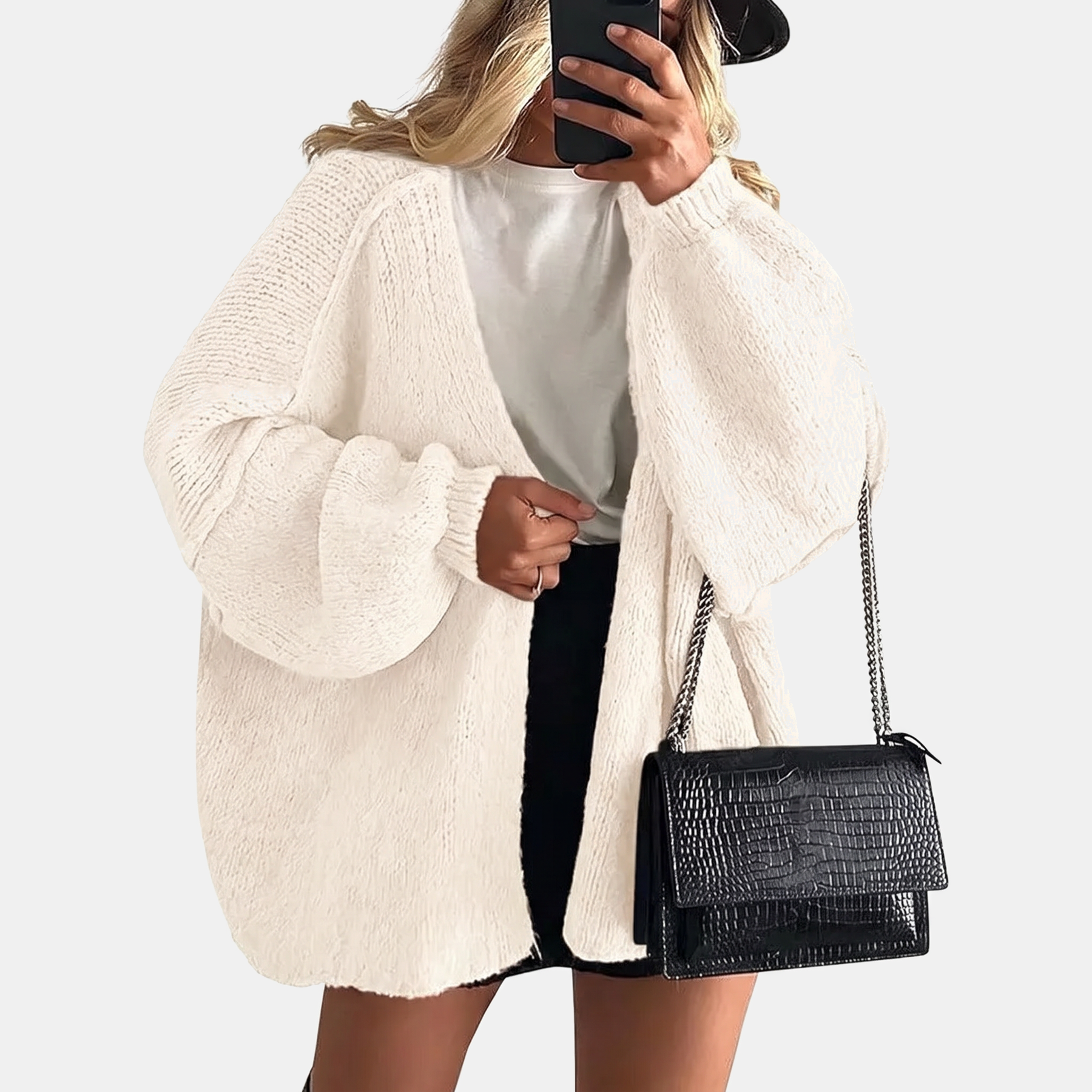 Women's Open Front Oversized Knit Cardigan with Lantern Sleeves