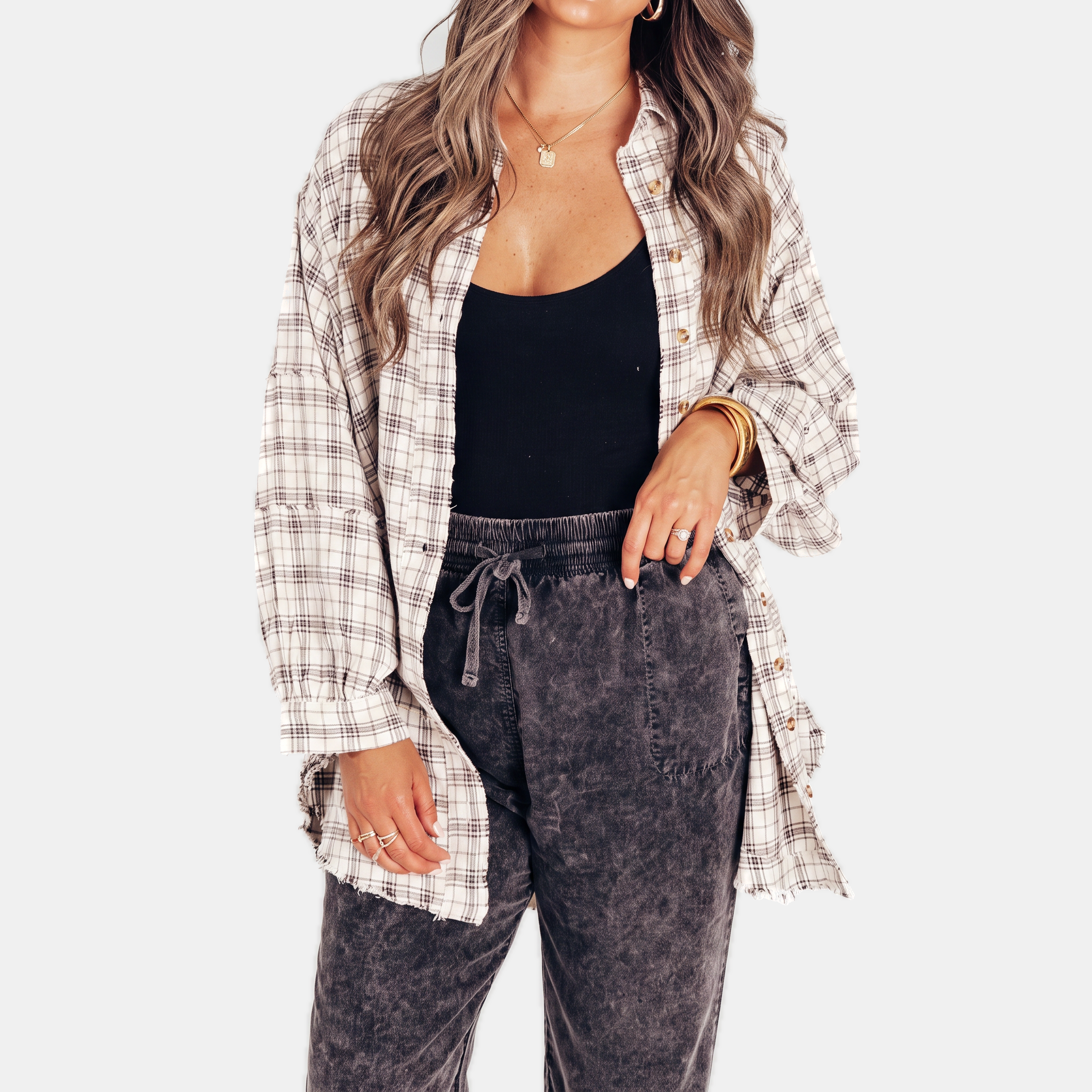 Women's Raw Hem Flannel Shirt Oversized Long Sleeve Blouse
