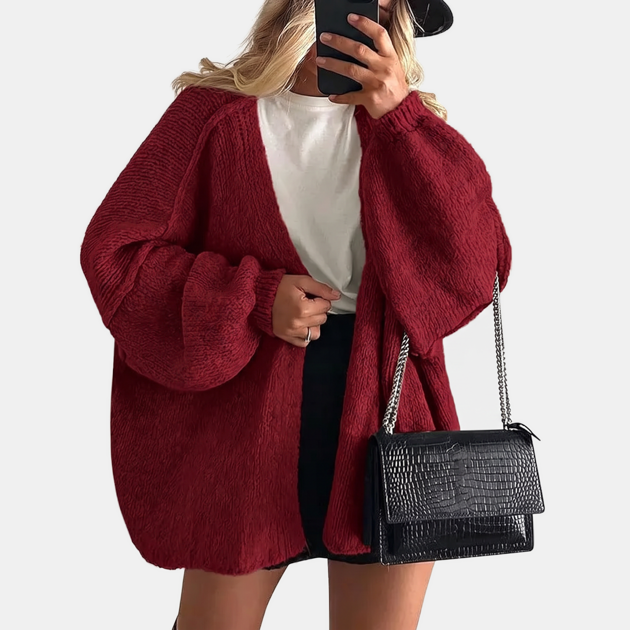 Women's Open Front Oversized Knit Cardigan with Lantern Sleeves
