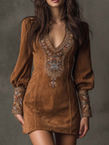 Lunori™ | Mini suede dress with embroidery Purple