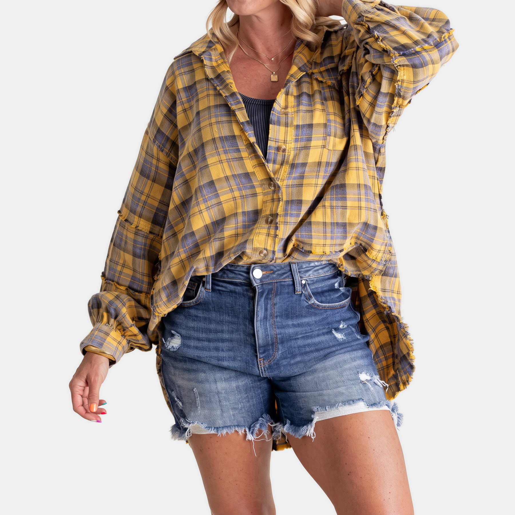 Women's Raw Hem Flannel Shirt Oversized Long Sleeve Blouse