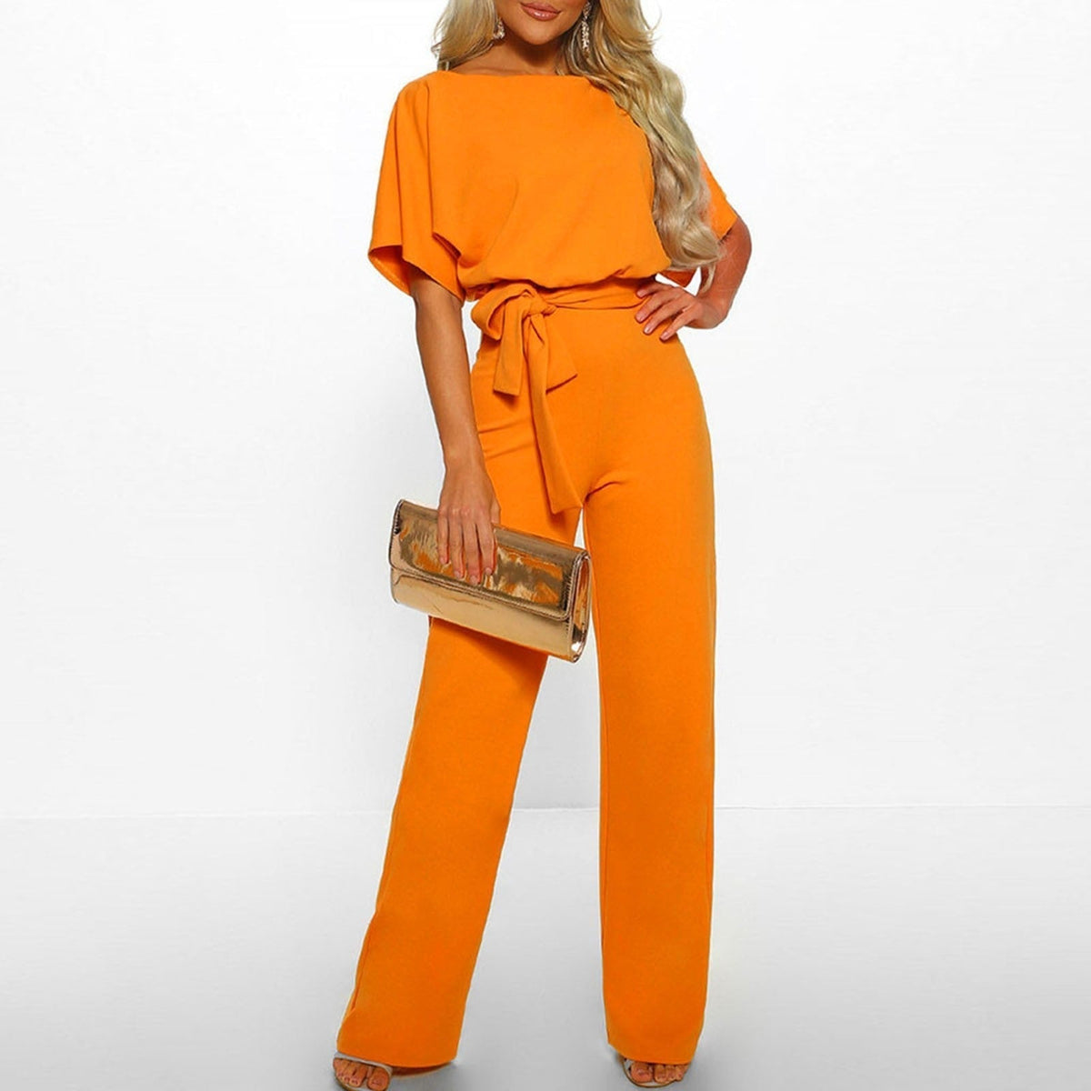 Wide Leg Jumpsuit for Women - Belted Short Sleeve