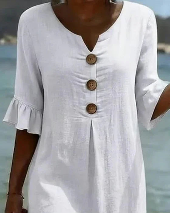 Brynn | White V-Neck Midi Dress with Ruffle Sleeves and Wooden Button Detail