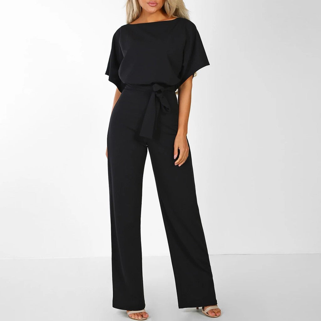 Wide Leg Jumpsuit for Women - Belted Short Sleeve