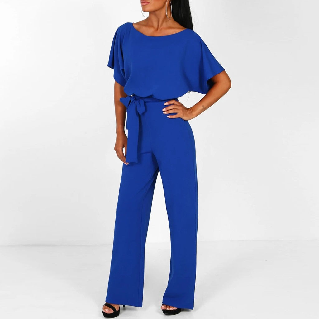 Wide Leg Jumpsuit for Women - Belted Short Sleeve