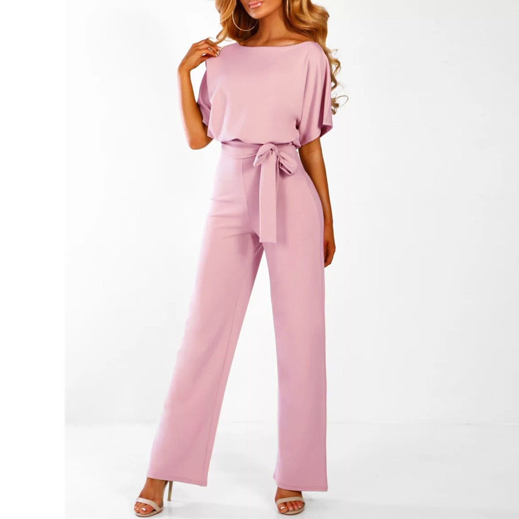 Wide Leg Jumpsuit for Women - Belted Short Sleeve