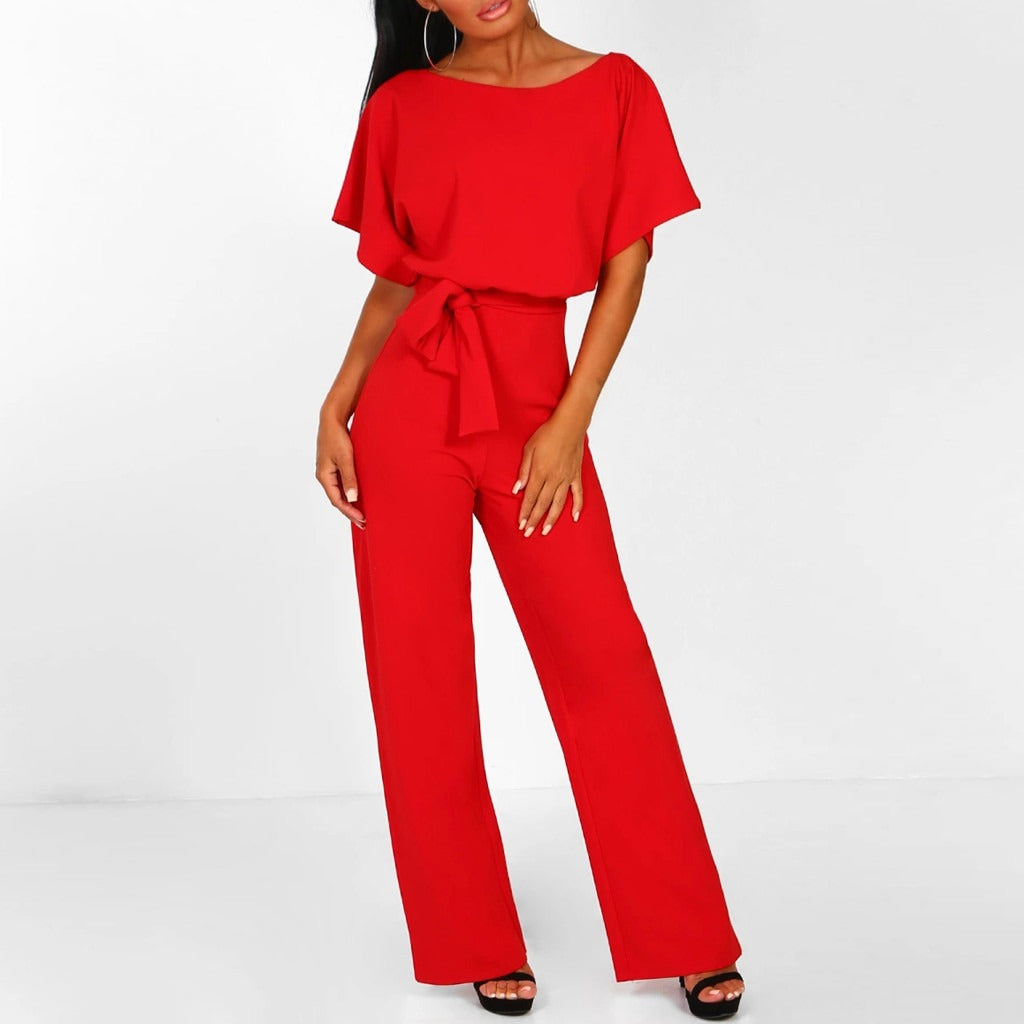 Wide Leg Jumpsuit for Women - Belted Short Sleeve