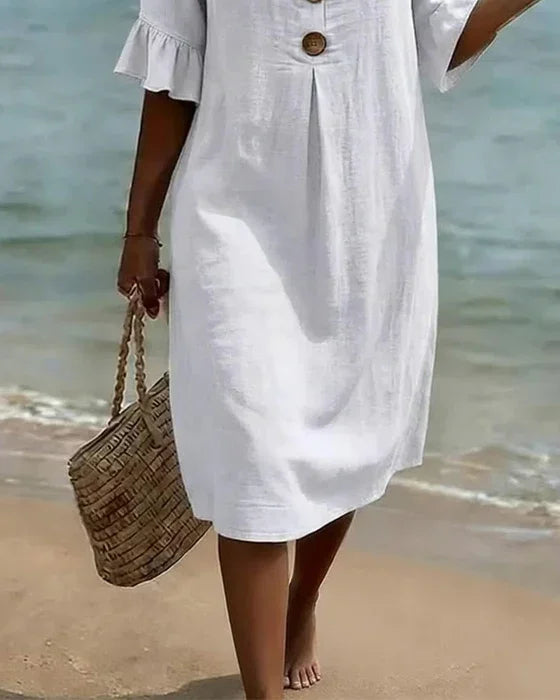 Brynn | White V-Neck Midi Dress with Ruffle Sleeves and Wooden Button Detail