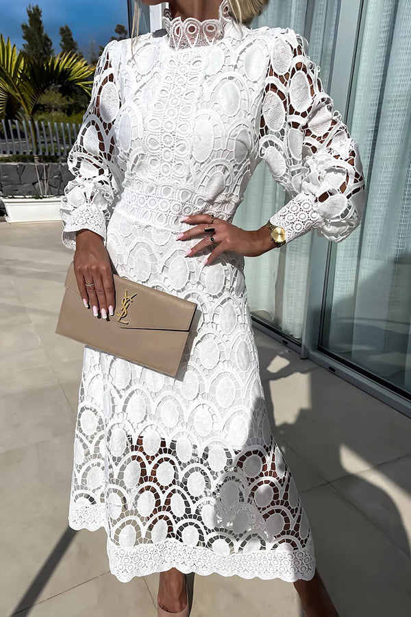 Scarlett | Pink Lace Midi Dress with High Neck and Puff Sleeves