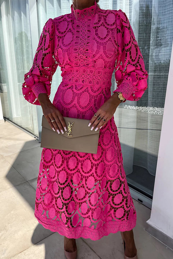 Scarlett | Pink Lace Midi Dress with High Neck and Puff Sleeves