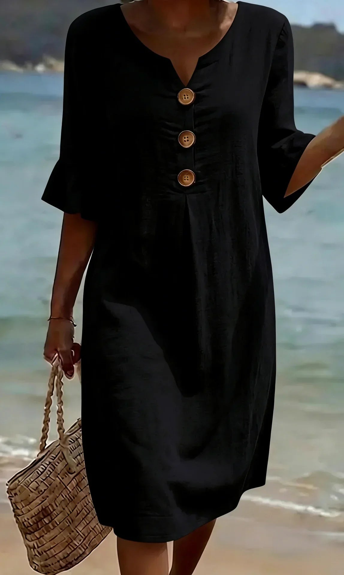 Brynn | White V-Neck Midi Dress with Ruffle Sleeves and Wooden Button Detail