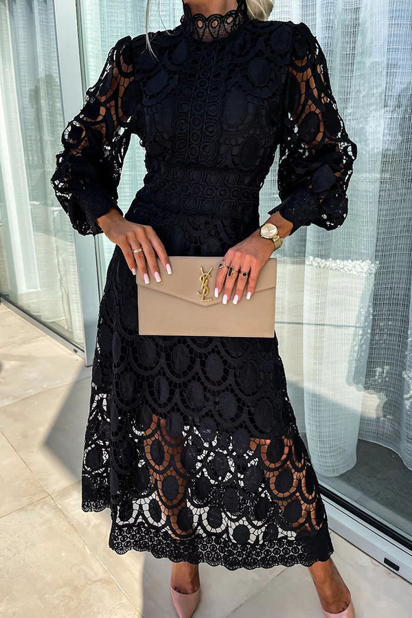 Scarlett | Pink Lace Midi Dress with High Neck and Puff Sleeves