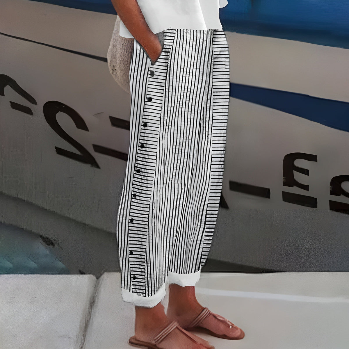 Women's Trousers | Stripe Panel Button Detail