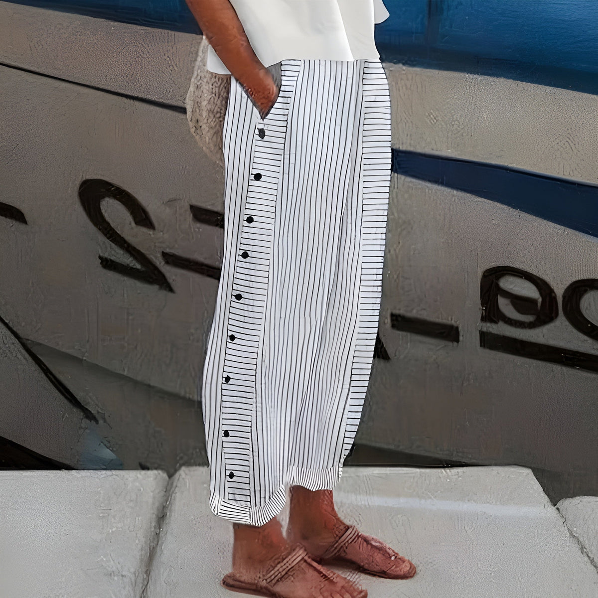 Women's Trousers | Stripe Panel Button Detail