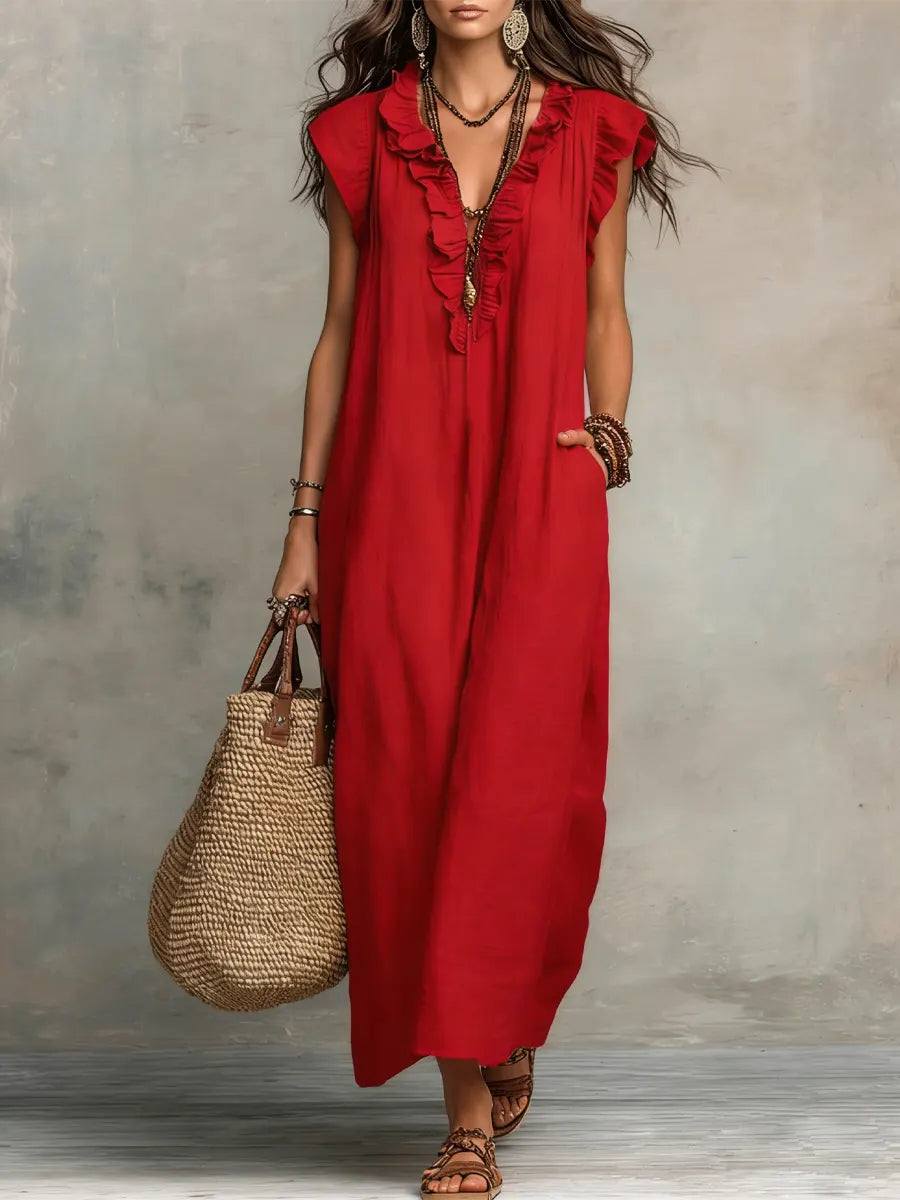Wren | Boho Maxi Dress with Ruffle V-Neck and Flutter Sleeves