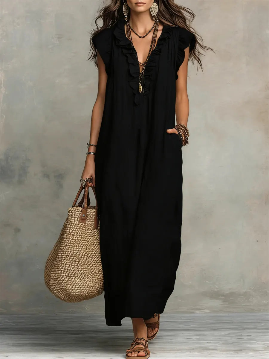 Wren | Boho Maxi Dress with Ruffle V-Neck and Flutter Sleeves