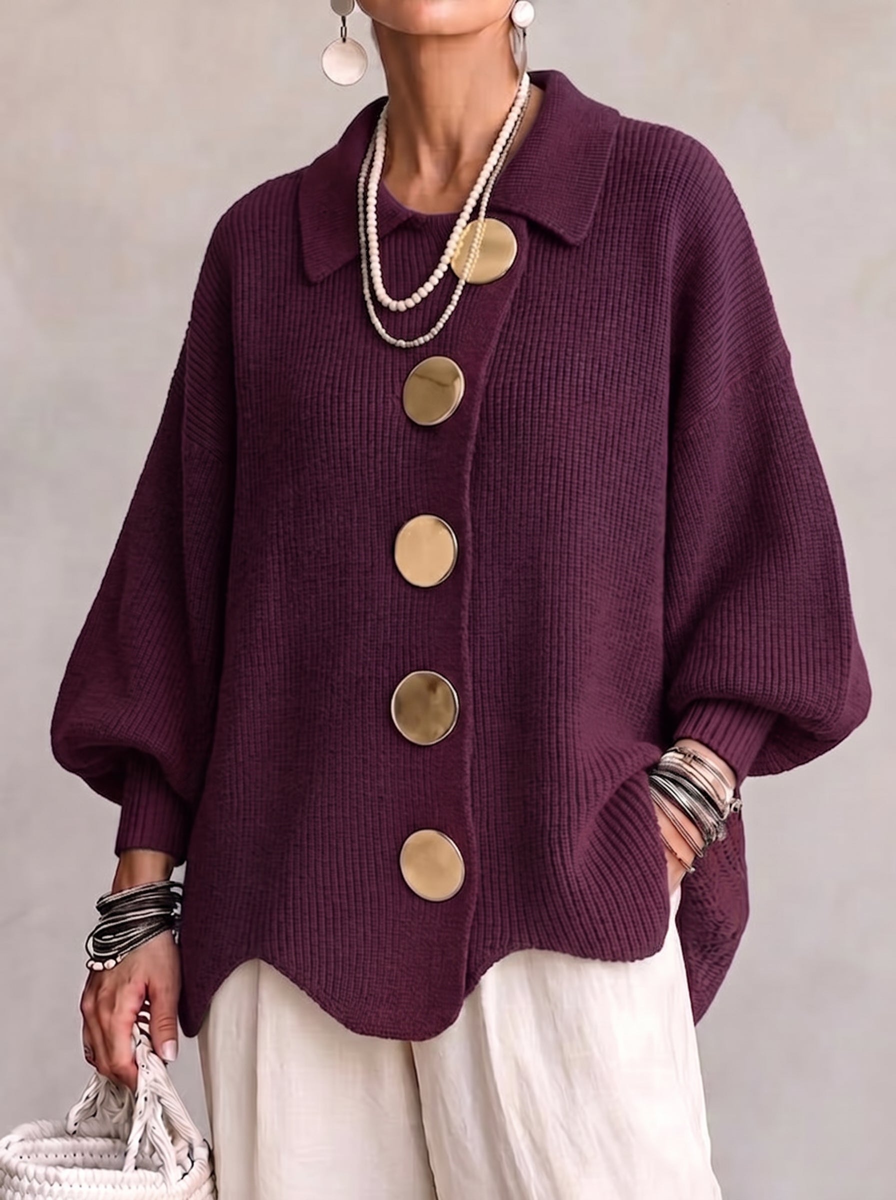 Isadora | Oversized Collared Cardigan With Large Metal Buttons