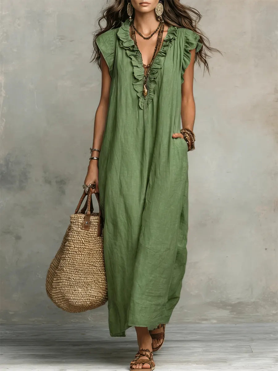 Wren | Boho Maxi Dress with Ruffle V-Neck and Flutter Sleeves