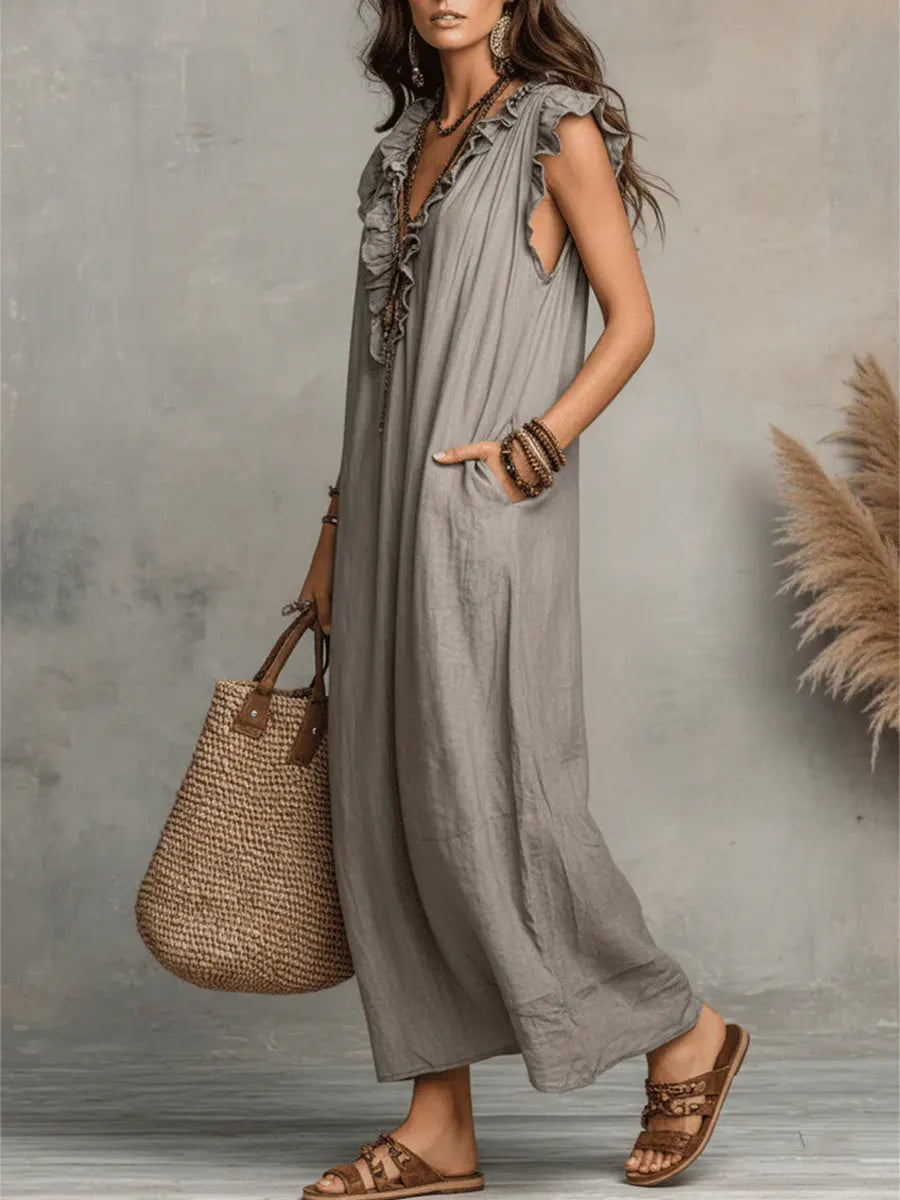 Wren | Boho Maxi Dress with Ruffle V-Neck and Flutter Sleeves
