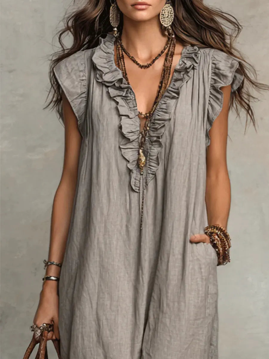 Wren | Boho Maxi Dress with Ruffle V-Neck and Flutter Sleeves