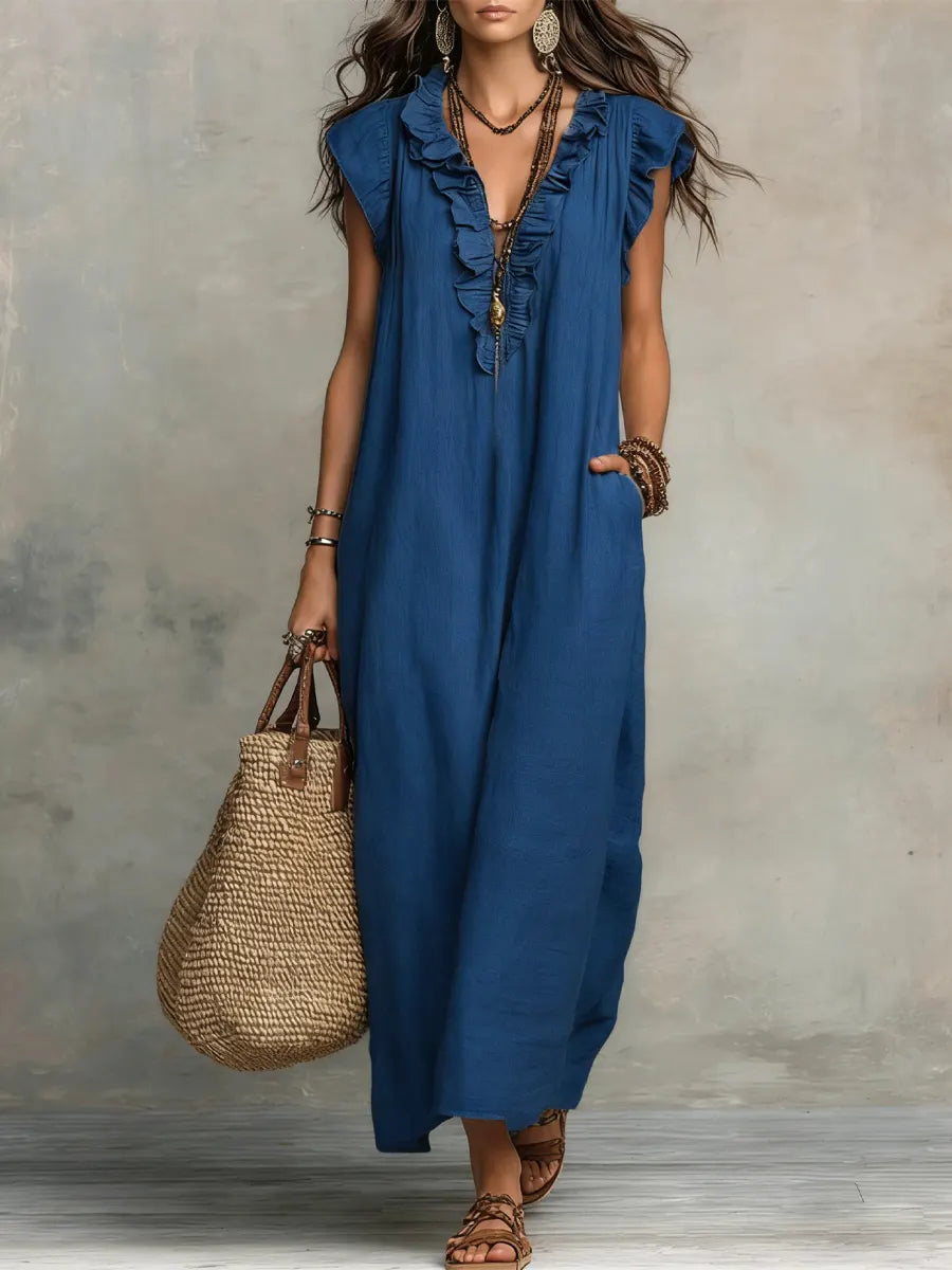 Wren | Boho Maxi Dress with Ruffle V-Neck and Flutter Sleeves