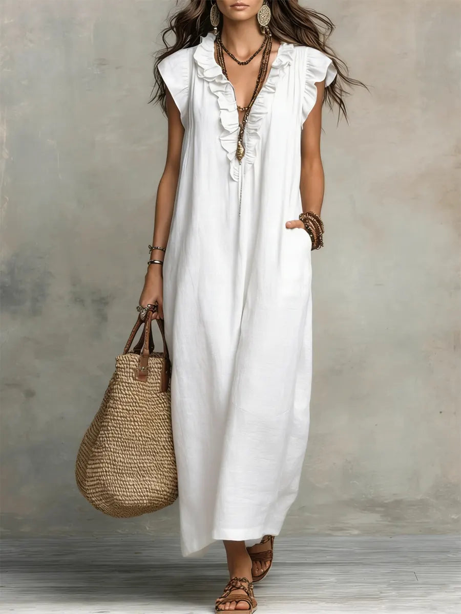 Wren | Boho Maxi Dress with Ruffle V-Neck and Flutter Sleeves