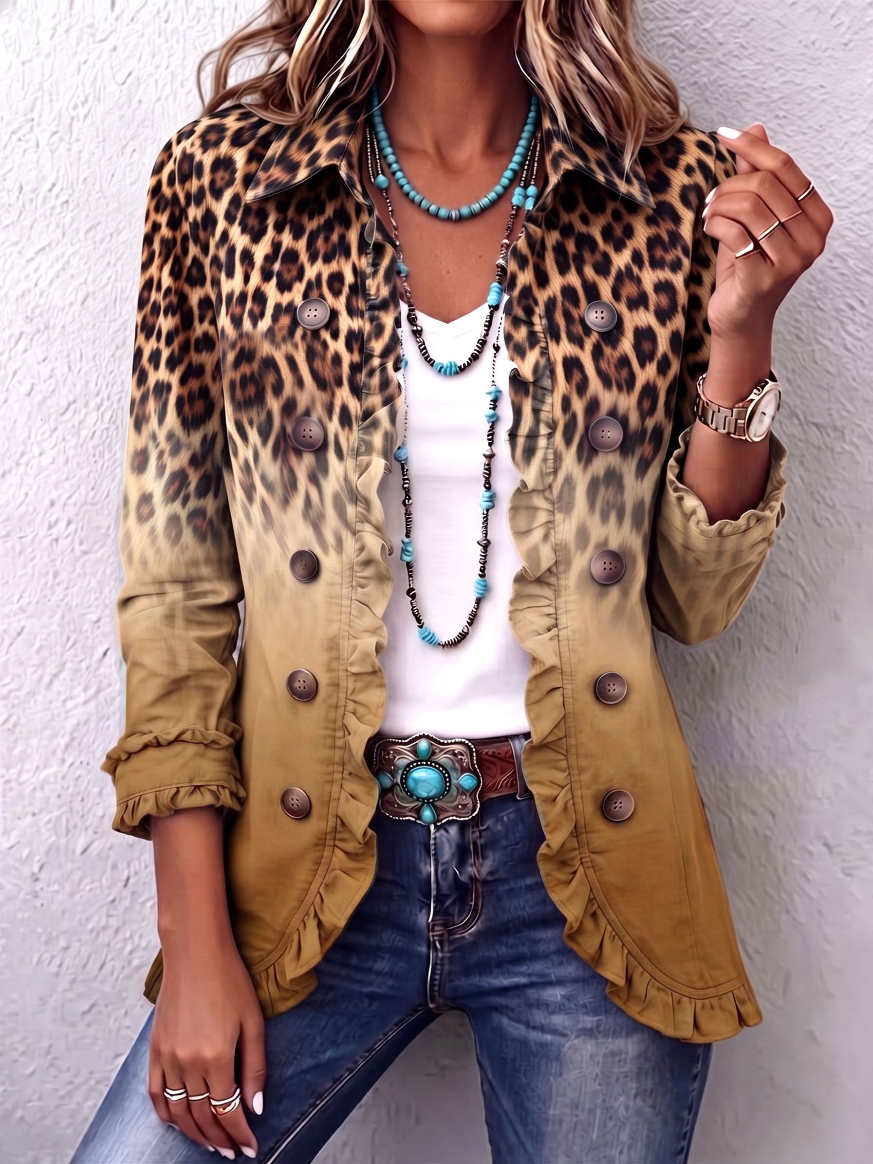 Elspeth | Leopard Ombre Ruffle Blazer Jacket