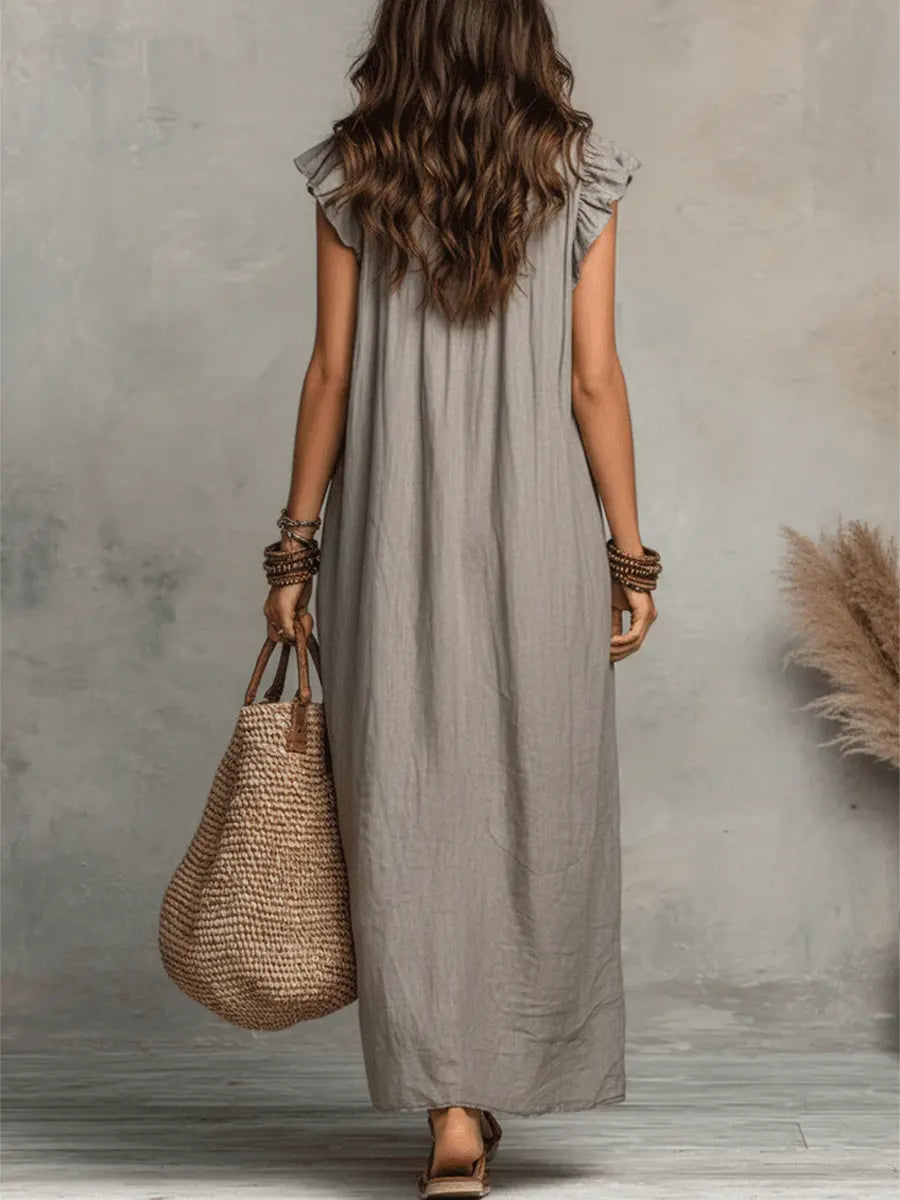 Wren | Boho Maxi Dress with Ruffle V-Neck and Flutter Sleeves