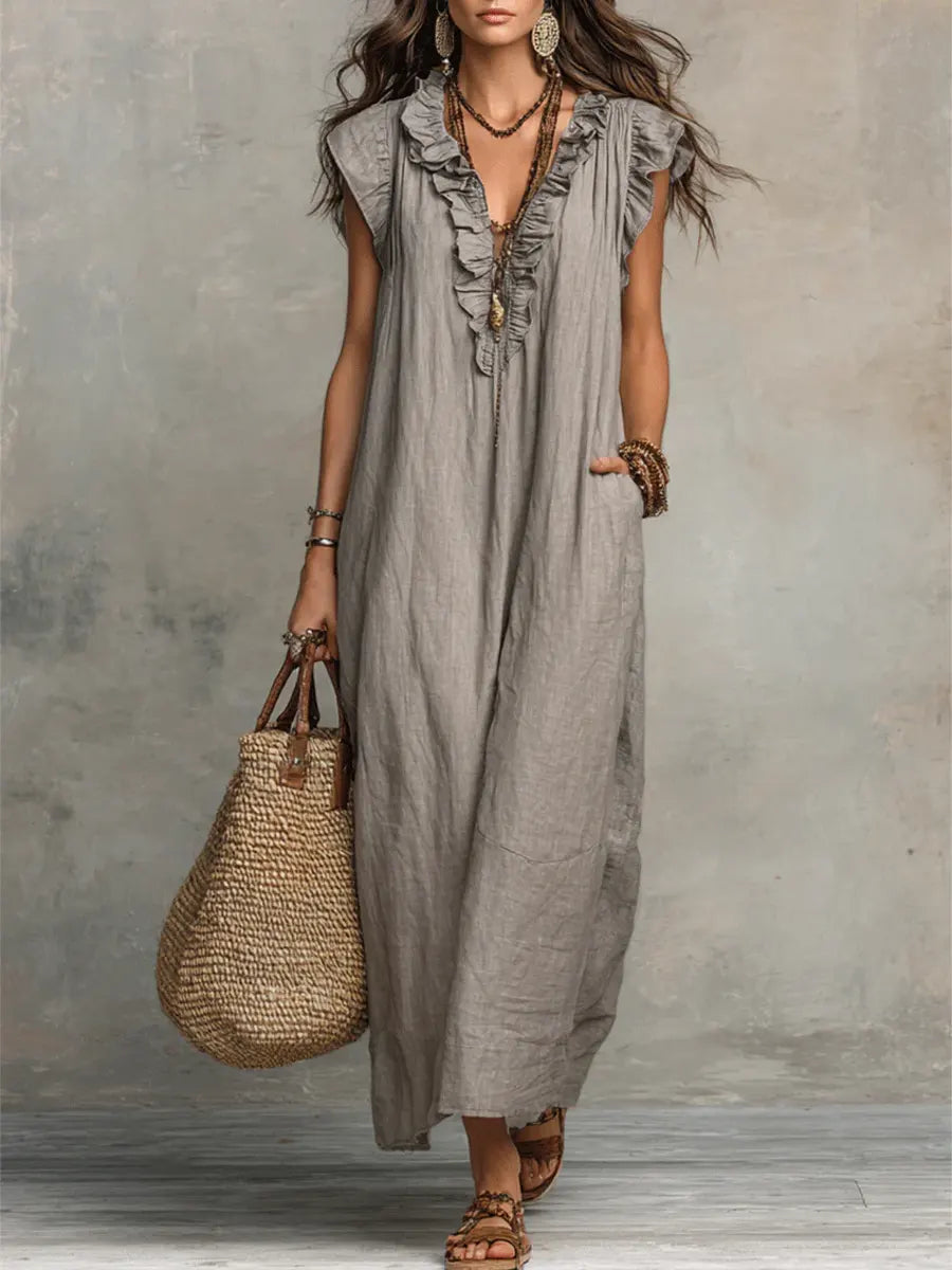 Wren | Boho Maxi Dress with Ruffle V-Neck and Flutter Sleeves