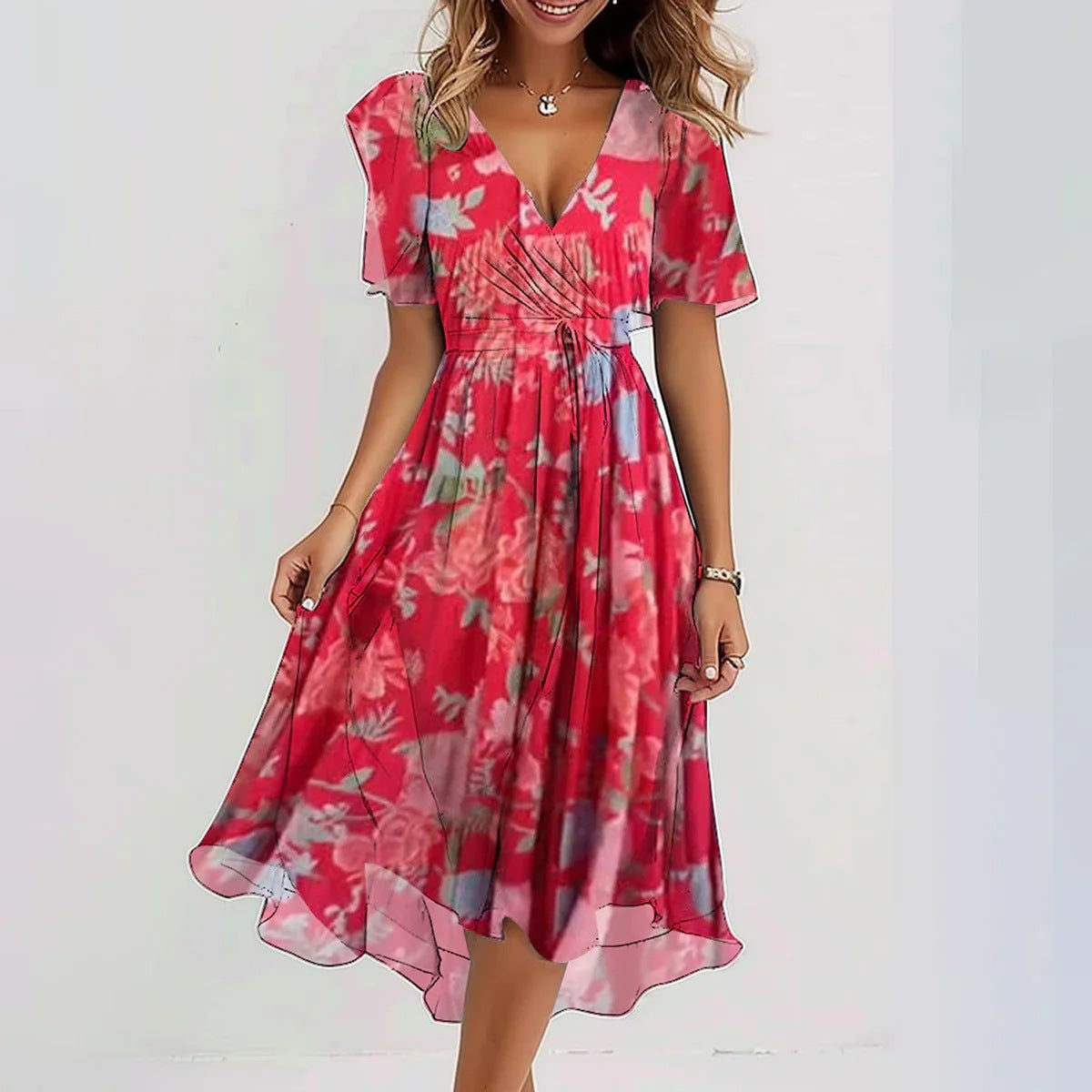Women's Floral Wrap Midi Dress